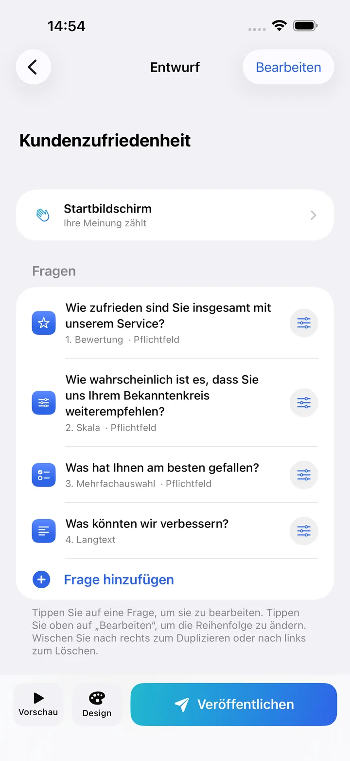 Der Kivoform-Editor mit der Fragenliste eines Zufriedenheitsformulars