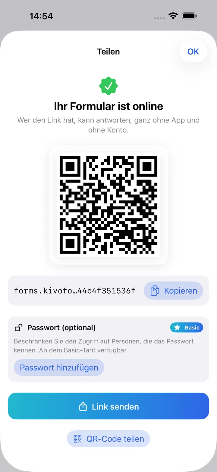 Der Teilen-Bildschirm mit QR-Code und Link zum Online-Formular