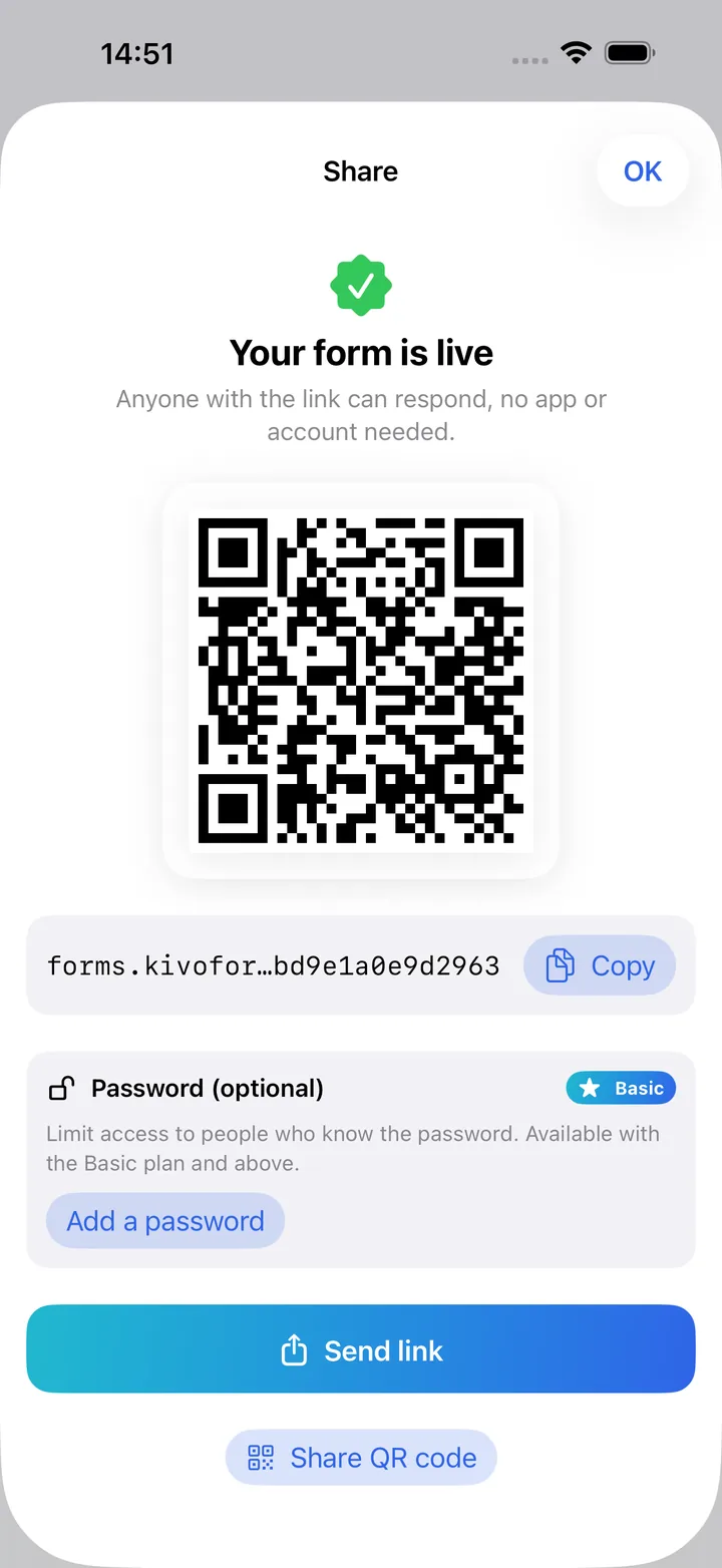 The share screen with the QR code and the link to the online form