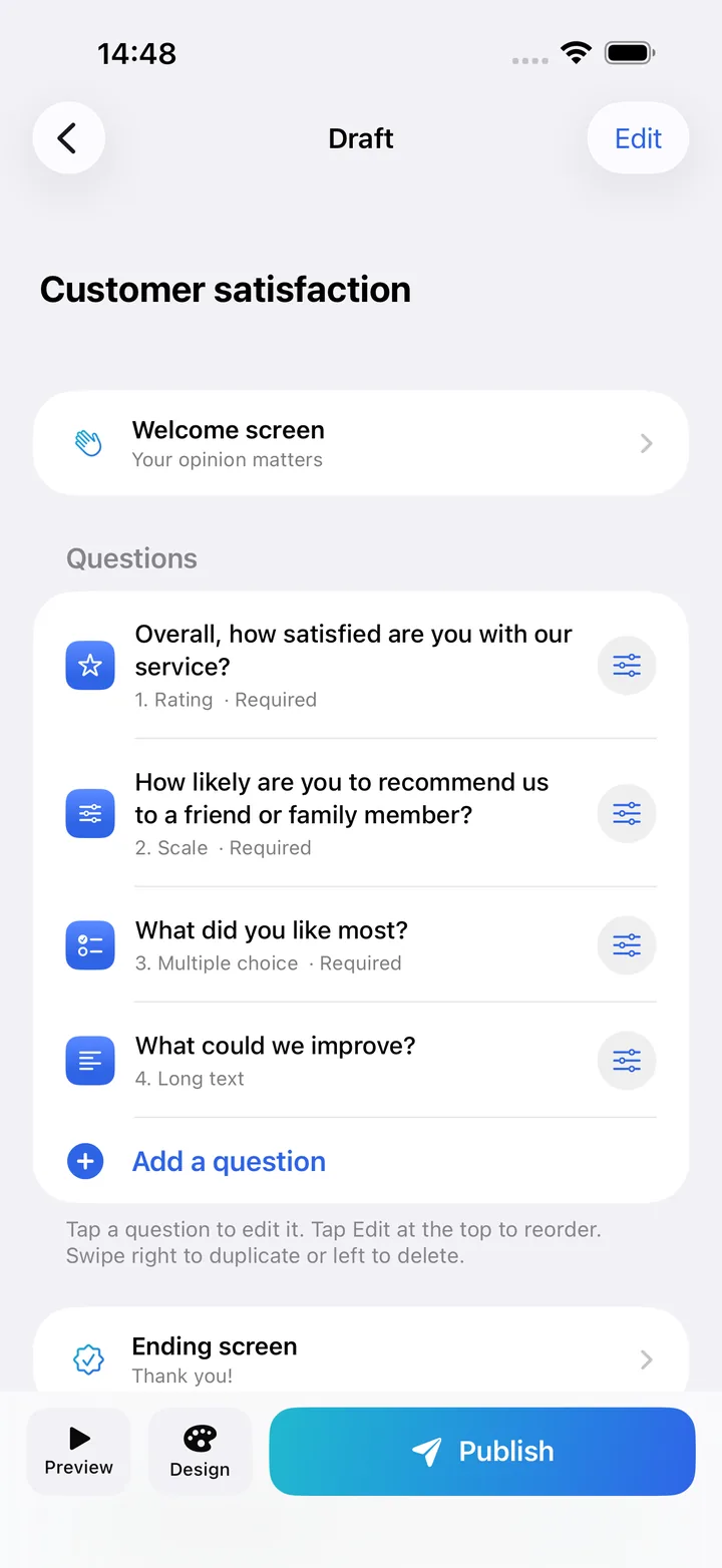 The Kivoform editor with the list of questions in a customer satisfaction form