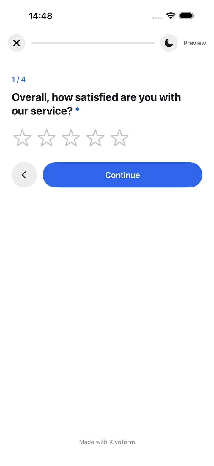 A form question on iPhone, with a star rating and the Continue button