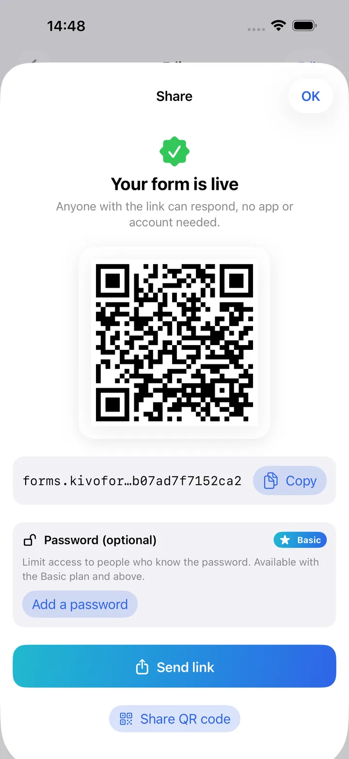 The share screen with the QR code and the link to the online form