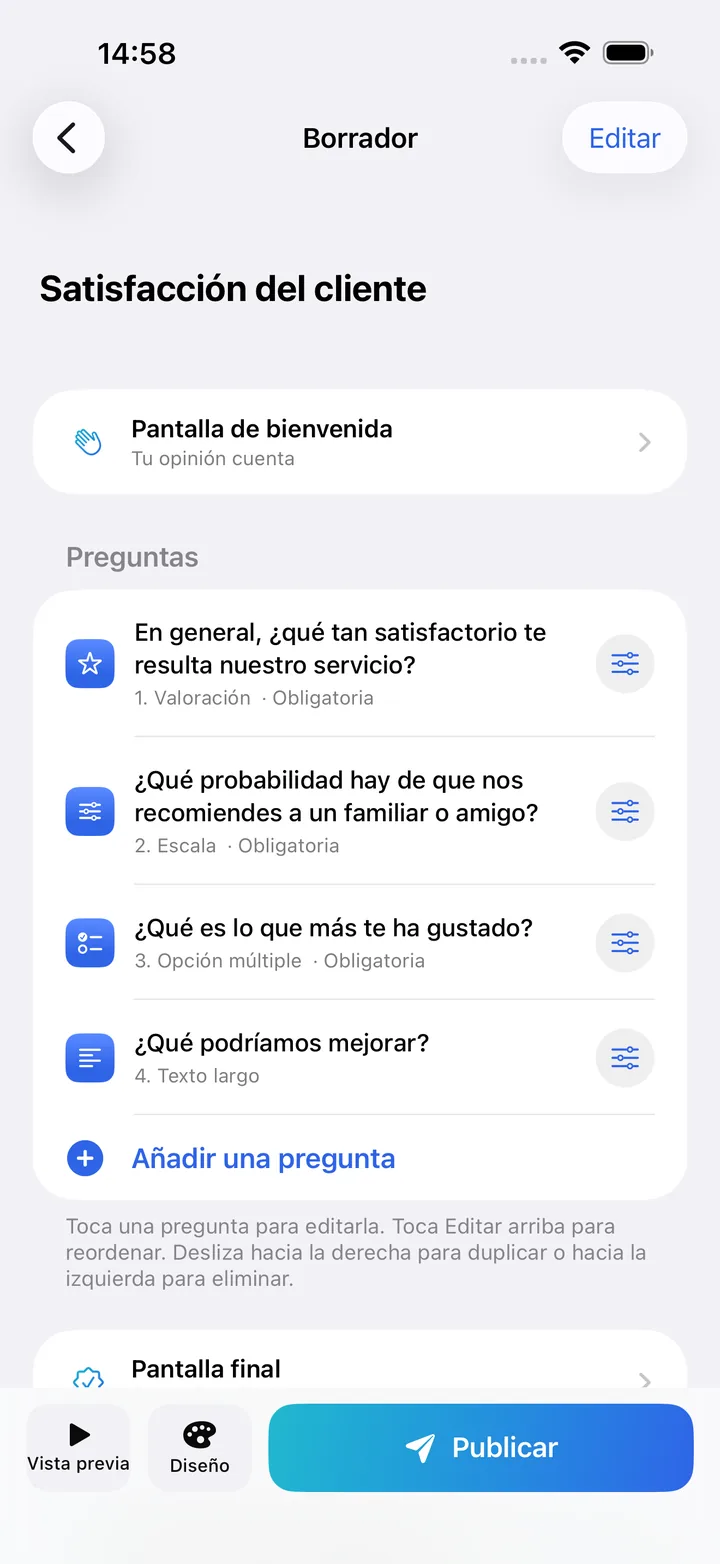 El editor de Kivoform con la lista de preguntas de un formulario de satisfacción