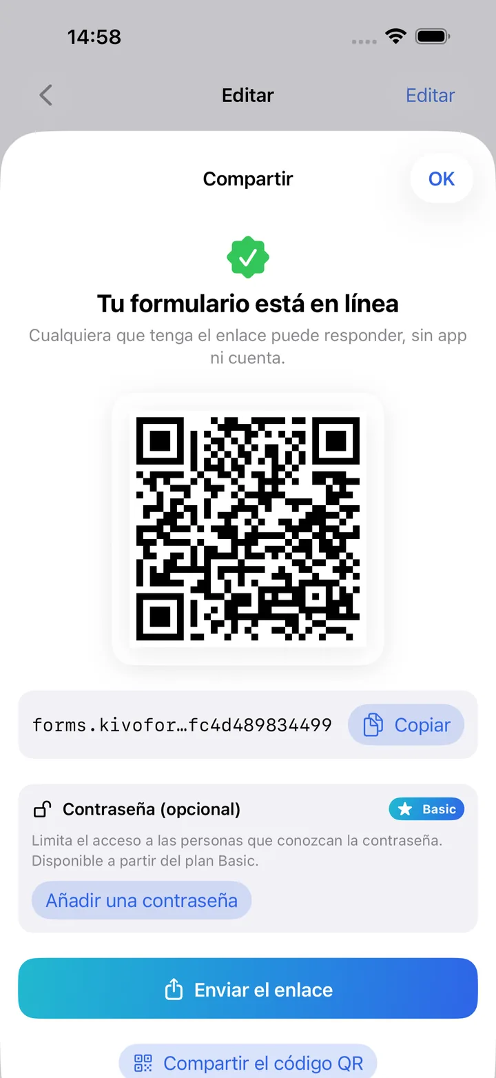 La pantalla para compartir con el código QR y el enlace del formulario en línea