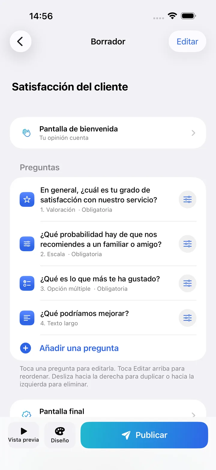 El editor de Kivoform con la lista de preguntas de un formulario de satisfacción