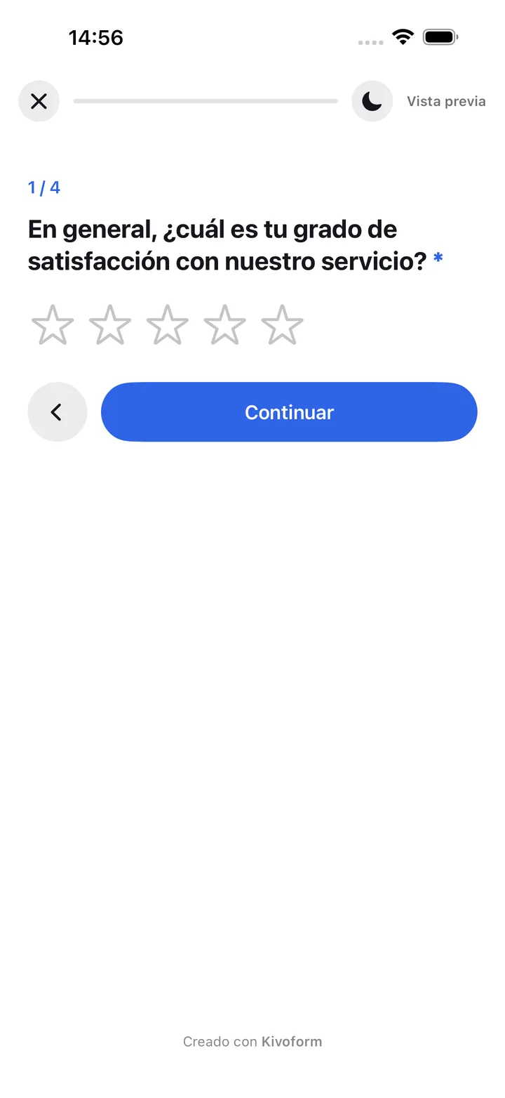 Una pregunta de formulario en el iPhone, con una valoración con estrellas y el botón Continuar