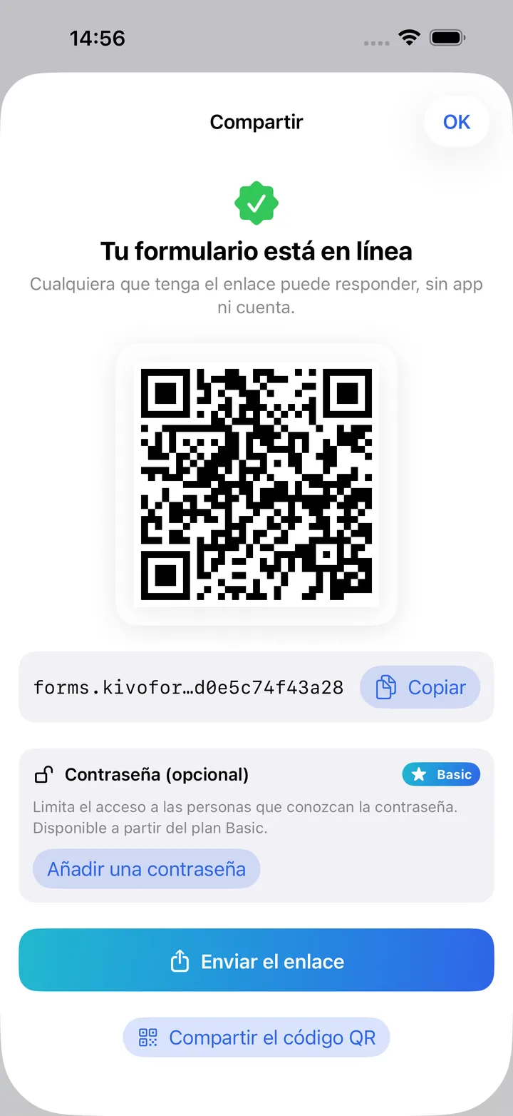 La pantalla para compartir con el código QR y el enlace del formulario en línea