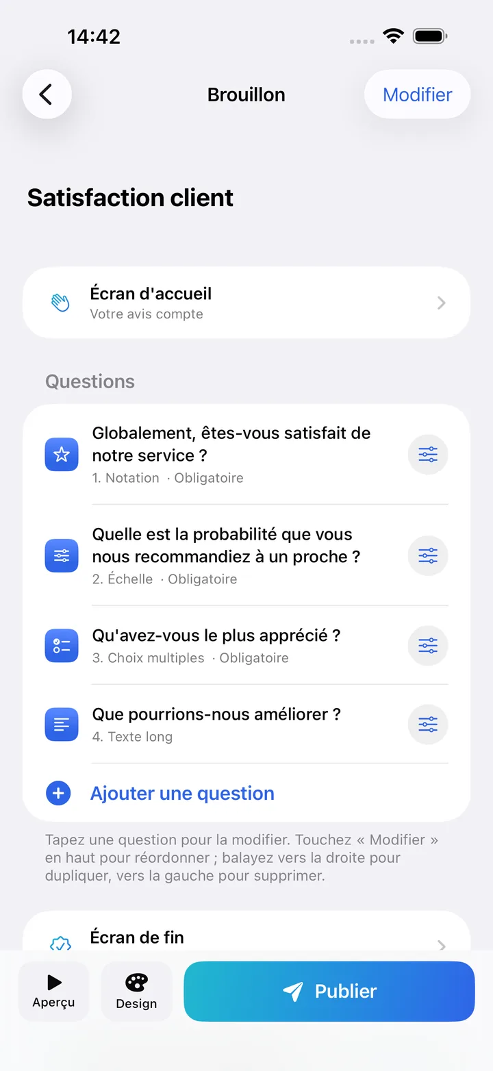 L'éditeur de Kivoform avec la liste des questions d'un formulaire de satisfaction