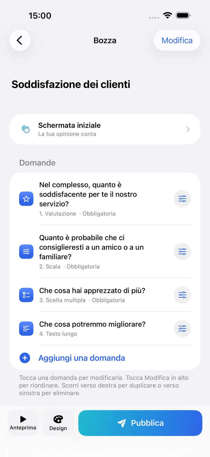 L’editor di Kivoform con l’elenco delle domande di un modulo di soddisfazione