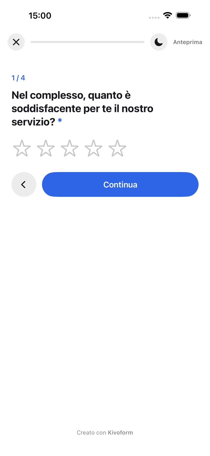 Una domanda di un modulo su iPhone, con una valutazione a stelle e il pulsante Continua