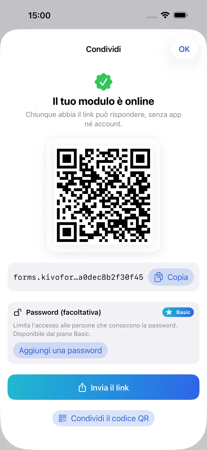 La schermata di condivisione con il codice QR e il link del modulo online