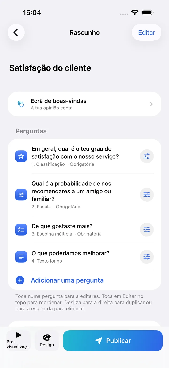 O editor do Kivoform com a lista de perguntas de um formulário de satisfação