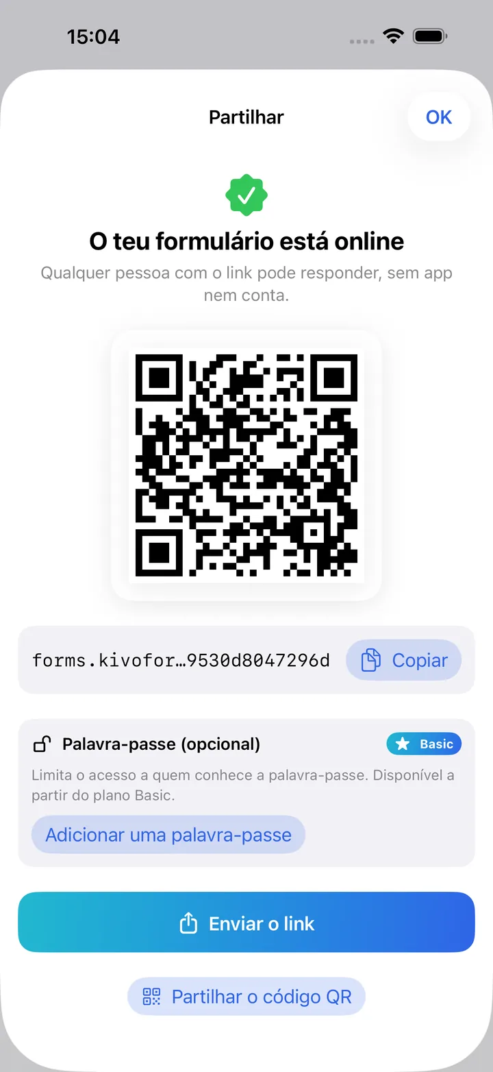 O ecrã de partilha com o QR code e o link do formulário online